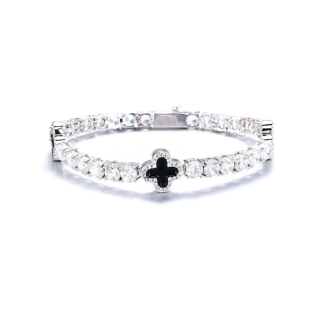 DE Hiphop Dazzling Fashion Brass Jewelry Iced Gold Plated Pearl Enamel Flower VVS Moissanite Tennis Chain Bracelet