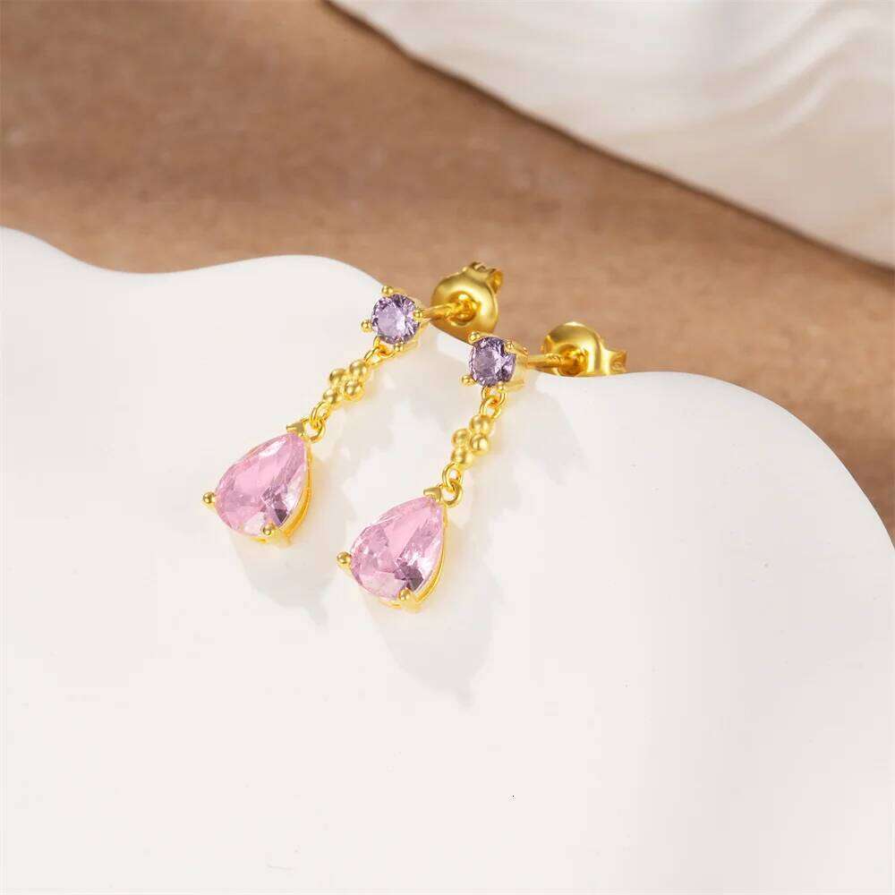 Aide 925 Sterling Silver Purple Pink Water Drop Zircon Stud Earrings For Women Elegant Sweet Jewelry High Quality Pendientes