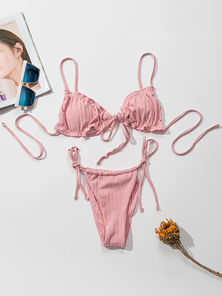 Sexy Swimsuit Pit stripe Bikini Women Swimwear Bathing Suits Push Up Biquinis Bandage Beachwear Solid Sets 251231