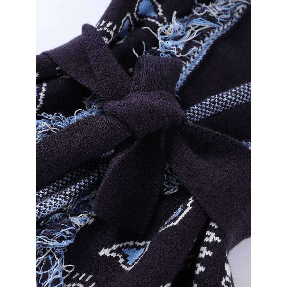 Vintage Tassels Women's Print Cardigan V-Neck Lace Up Full Sleeve Spliced Sweaters Autumn Lady All-Match Kintwears