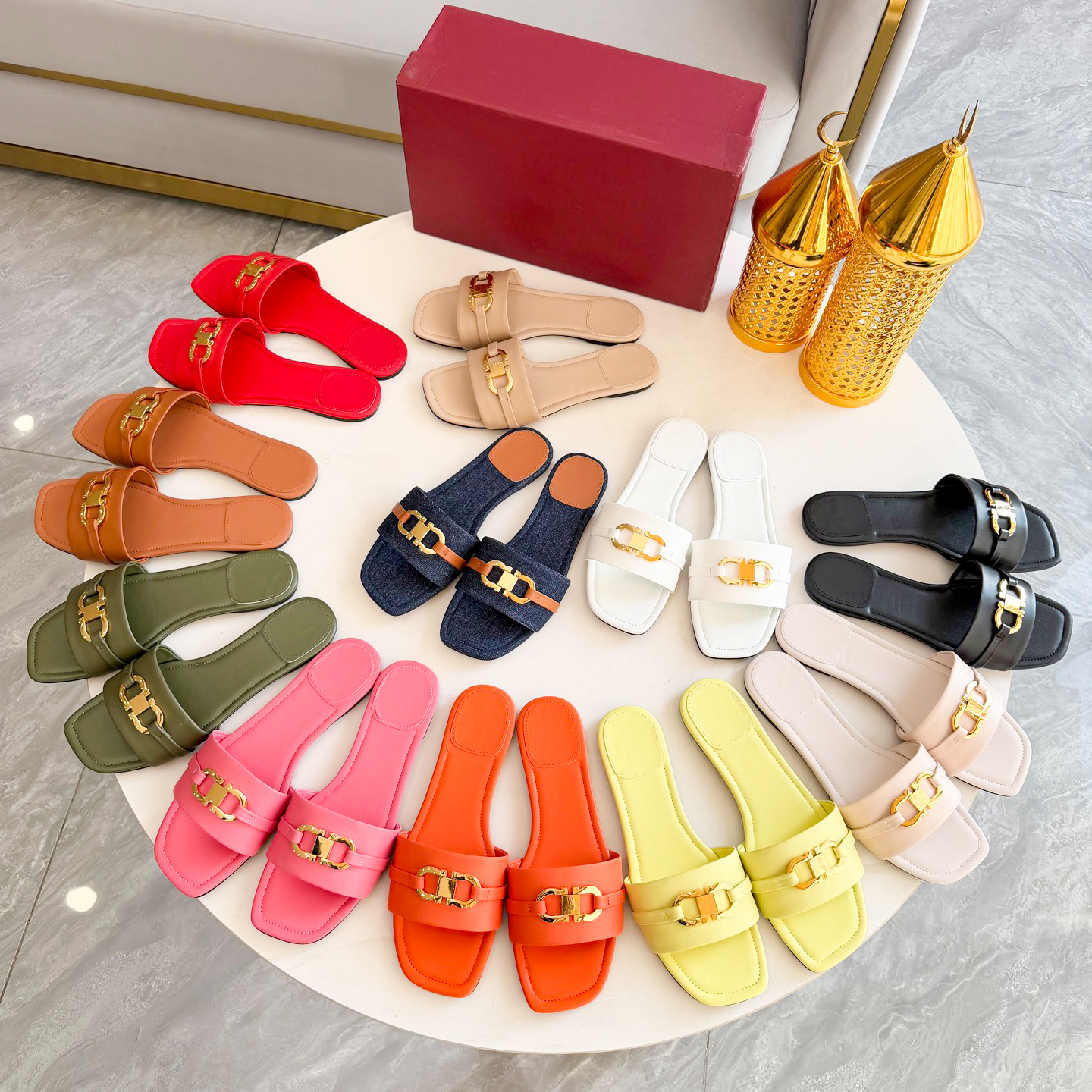 2026 spring summer ferragamoshoe luxury pool slide Designer casual shoe man woman sandal sliders white pink leather slipper denim metal buckle sandale dress shoe