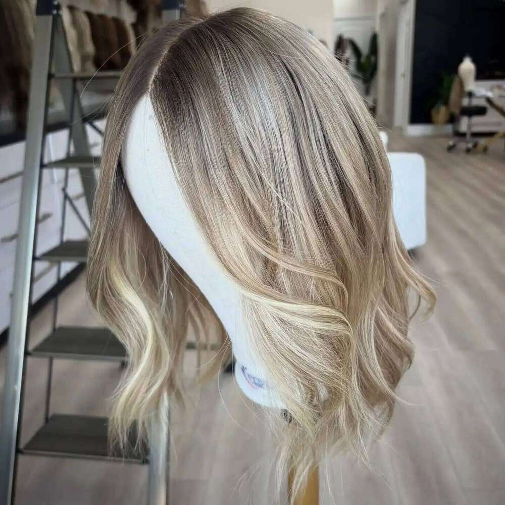 Ash Blonde Balayage Human Hair Blend Lace Front 14 Inch Short Wavy Heat Friendly Synthetic Wig Melt Roots Gift for Girls
