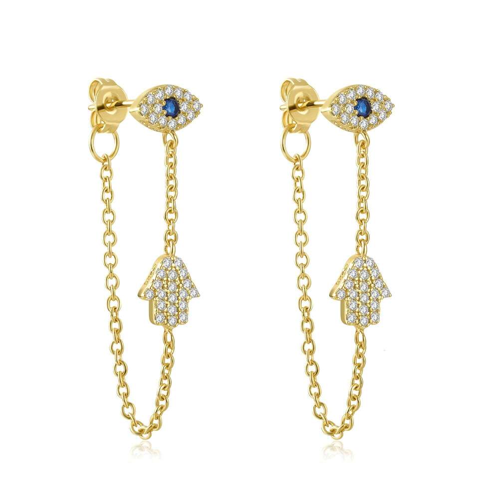 Aide Gold Silver Color Trendy Evil Eye Hamsa Hand Palm Charm Dangle Women Zircon Pave Long Chain Tassel Earrings