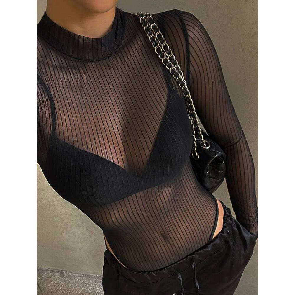 Summer perspective with backless hollow transparent club jumpsuit for women, solid color black T-shirt, elegant and sex