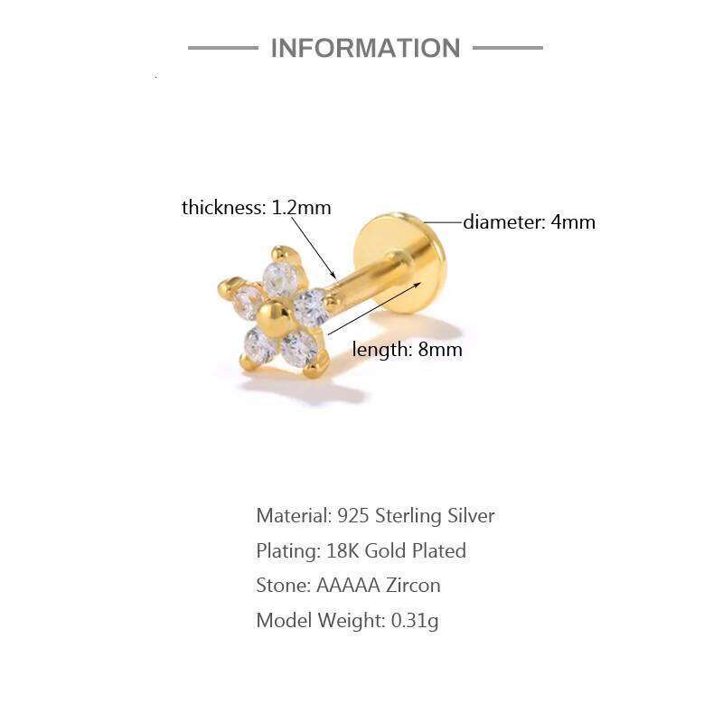 Aide 925 Sterling Silver Zircon Star Flower Tragus Helix Piercing Earrings Women Labret Lip Ring Cartilage Stud Punk Jewelry 1PC