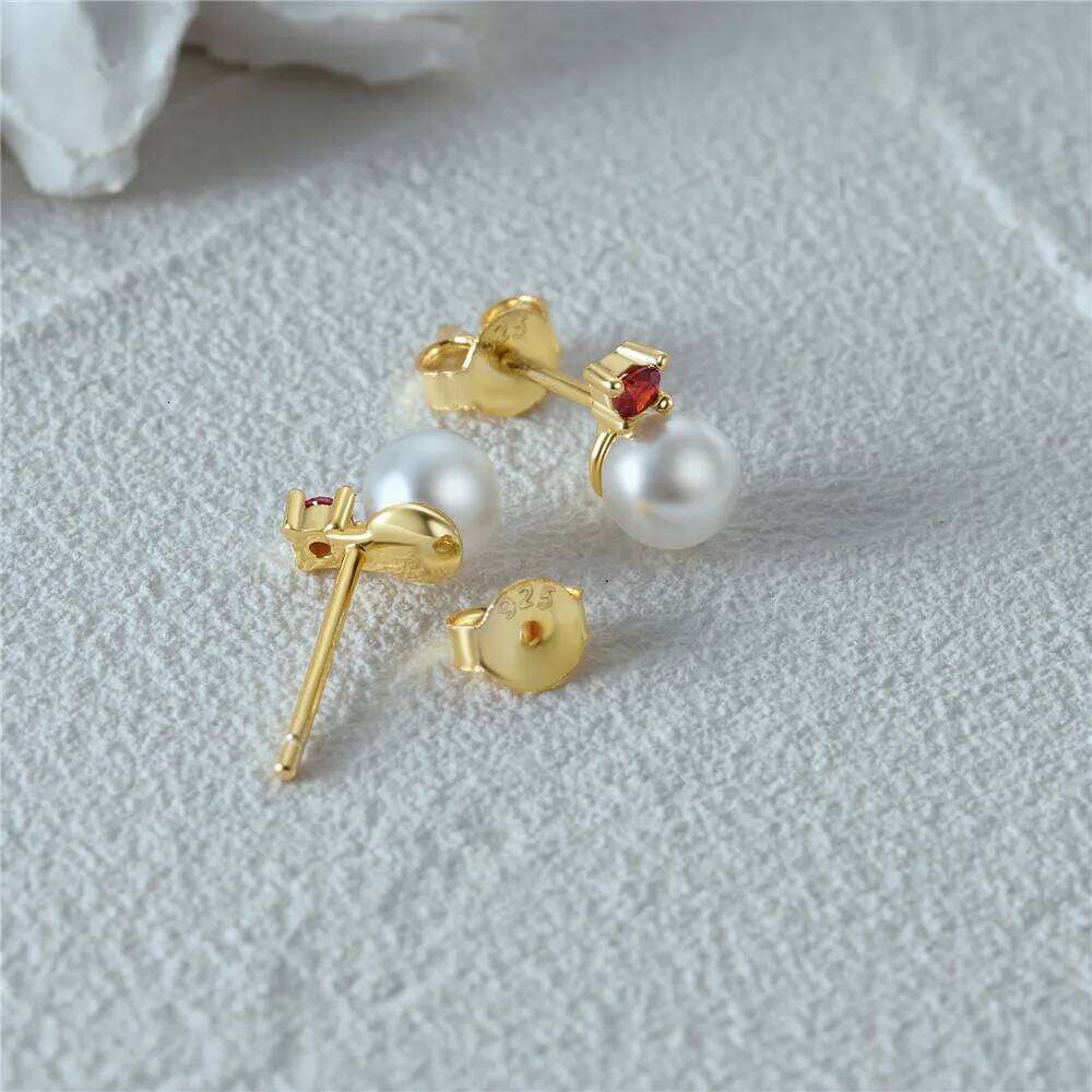 Aide Real 925 Sterling Silver Pearl Stud Earrings Red Zircon Piercing Earring For Women Gold Pendientes Luxury Jewelry Wedding