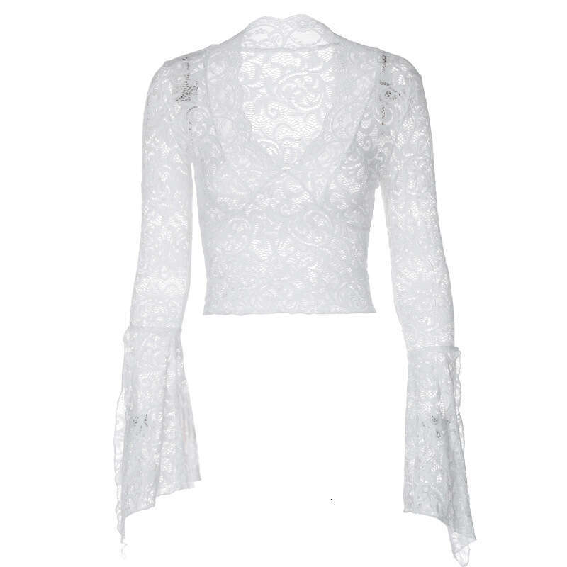 European and American INS Hot-Selling Sexy Deep V Slim Fit Versatile Short Cropped Long Sleeve Hot Girl Style Lace Top