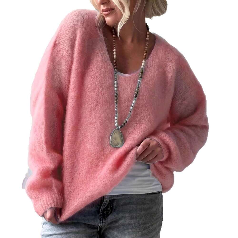 European and American Soft V-Neck Long Sleeve Sweater for Women 2026 Autumn Winter Pullover Solid Color Lazy Style Loose Knitted Top