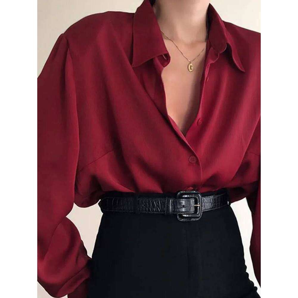 Women's fashion button up lapel office women's long sleeved casual shirt, loose top