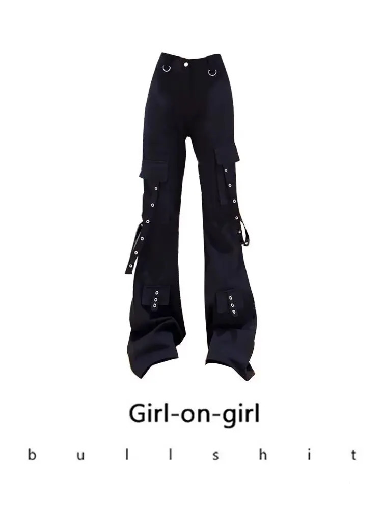 punk dark trumpet work pants jeans womens college Y2k pocket street wear black Gothic Harajuku low rise printed denim 251231