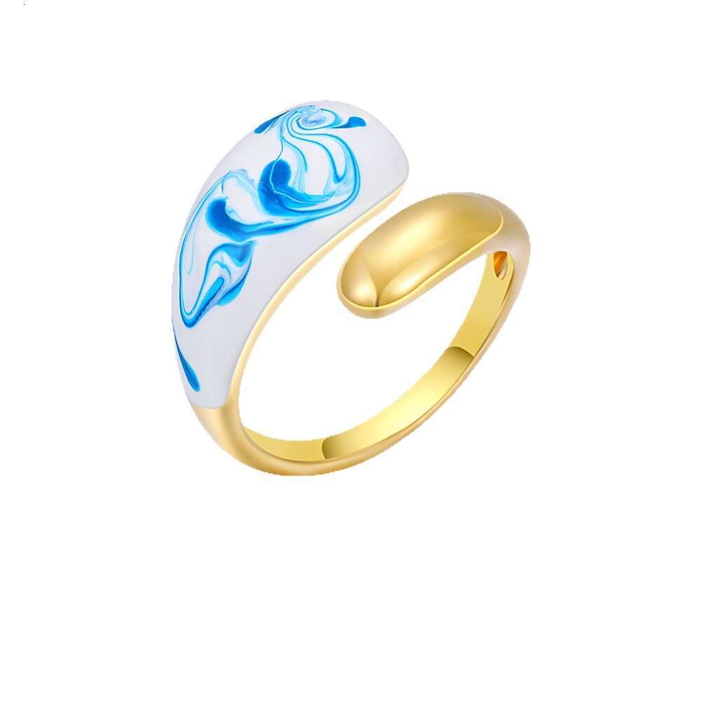 Fashion Porcelain Ring Vintage Enamel Painting Oil Blue and White Pattern Rings for Women New Chinese Style Open Fashion Irregular Ring Hand Accessori