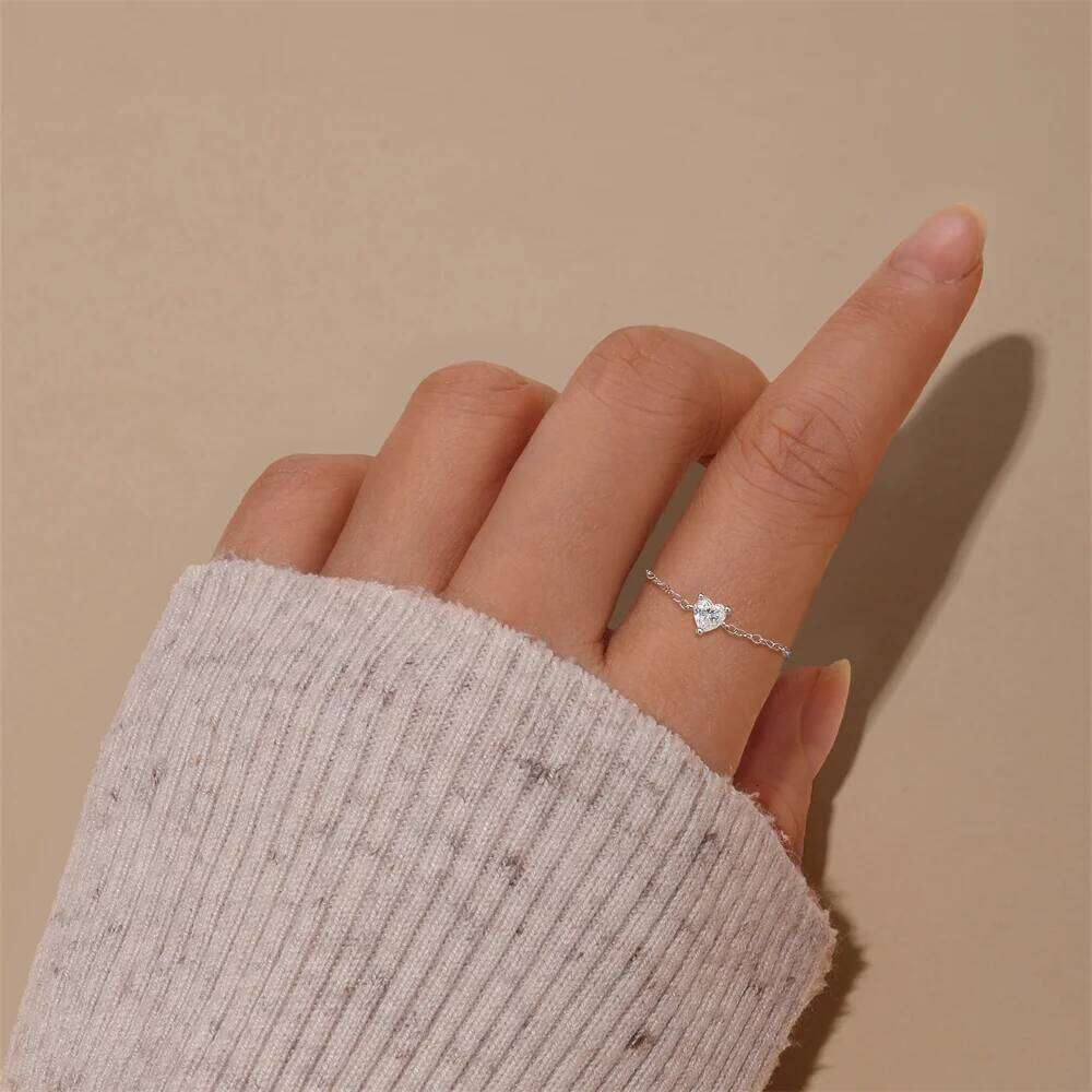 Aide S925 Sterling Silver Real Moissanite Adjustable Ring Heart Square Bead Chain Rings for Women Dainty Stackable Jewelry