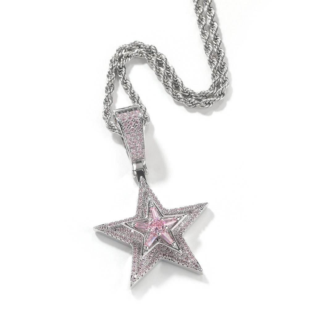 Rotatable Full Zircon Five Pointed Star Pendant Necklace Gold Plated Hip Hop Rap Jewelry