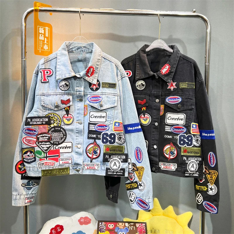 Spring and Autumn Mens ed Denim Jacket Trendy Handsome Slim Fit Badge Jeans Coat 251231