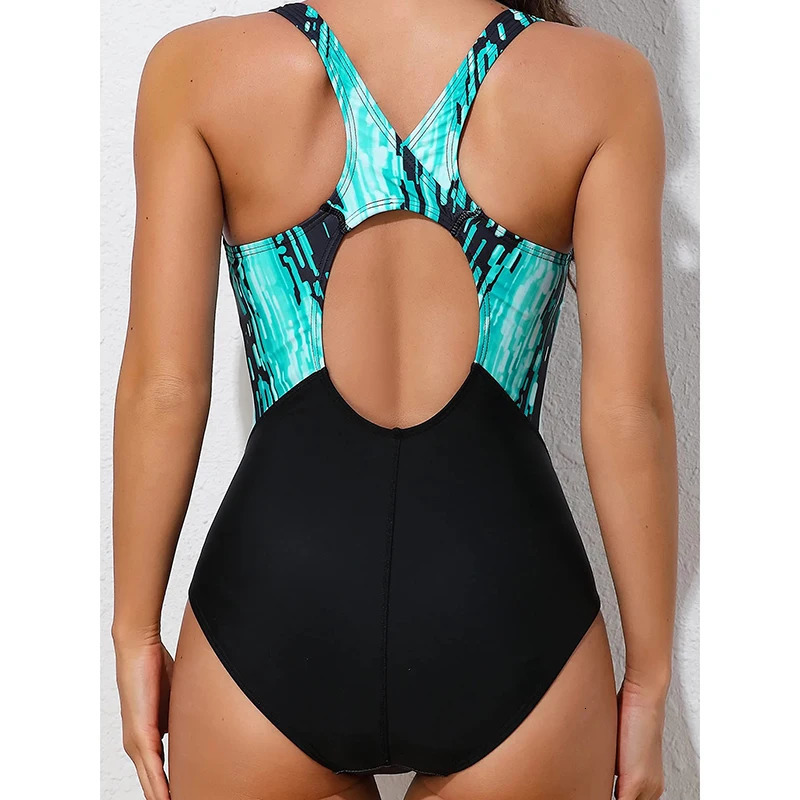 Printed One Piece Swimsuit Women Hollow Out Backless Triangle Skinny Sport Swimwear Bathing Suit Professional Swimming 251231