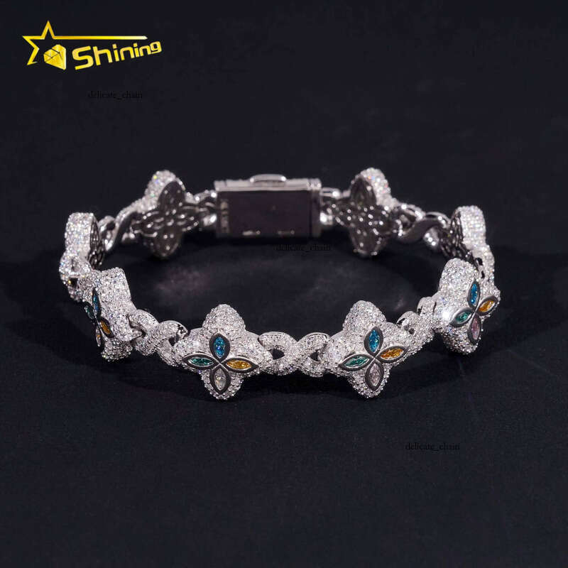 Custom Luxury Iced Out Hip Hop VVS Moissanite Diamond 925 Silver Cuban Chain Trendy Colorful Flower Clover Bracelet