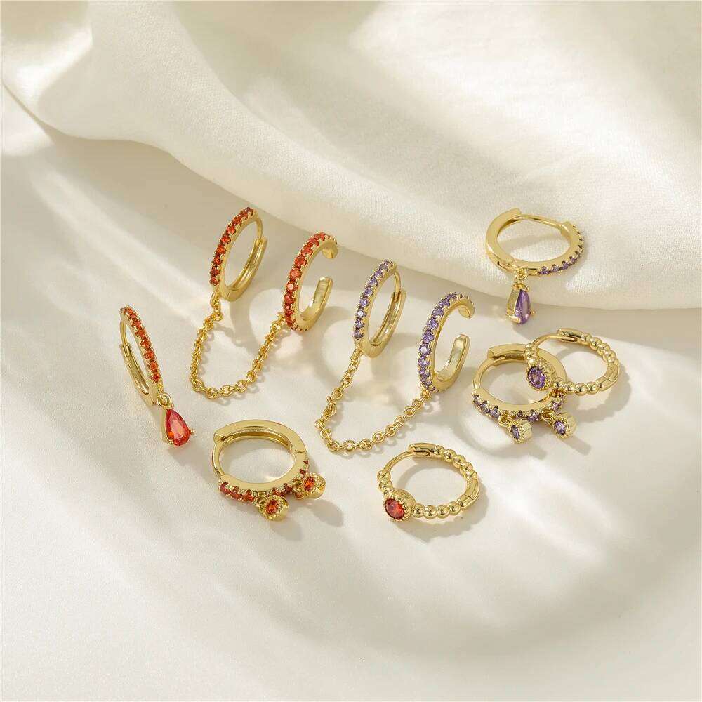 Aide 4pcs Stack Set Colorful Zirconia Huggie Double Hoops With Chain Earrings For Women Wedding Party Crystal Turquoise Jewelry