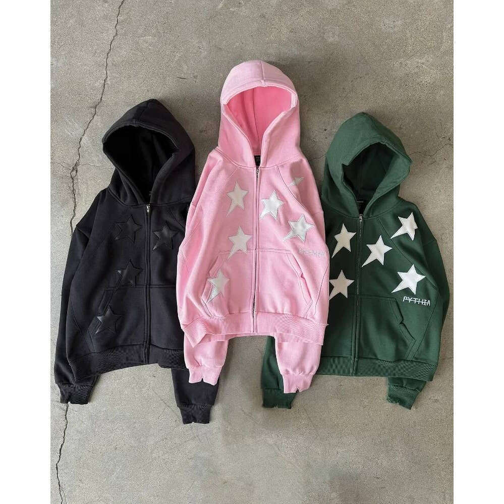 Zhehan Y2K Harajuku New Fashion Star Patch Zipper Hoodie Women Gothic Hip Hop Popular Casual Couple Plus Velvet Padded Sports Sweater