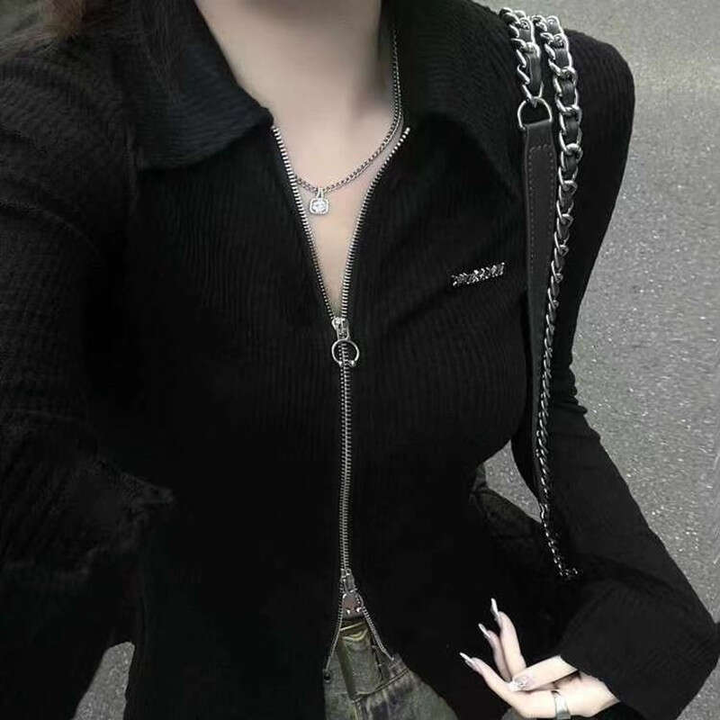 Spring and Autumn Pure Desire Slim Fit Design Sense Niche Zipper Hot Girl Top Women Polo Collar Slimming Temperament Long Sleeve T-Shirt