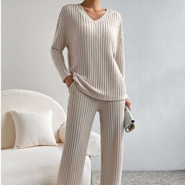 Cross-Border Two-Piece for Women 2026 Autumn New Fashion Casual Straight-Leg Pants Elegant Loose V-Neck Ribbed Knit Set