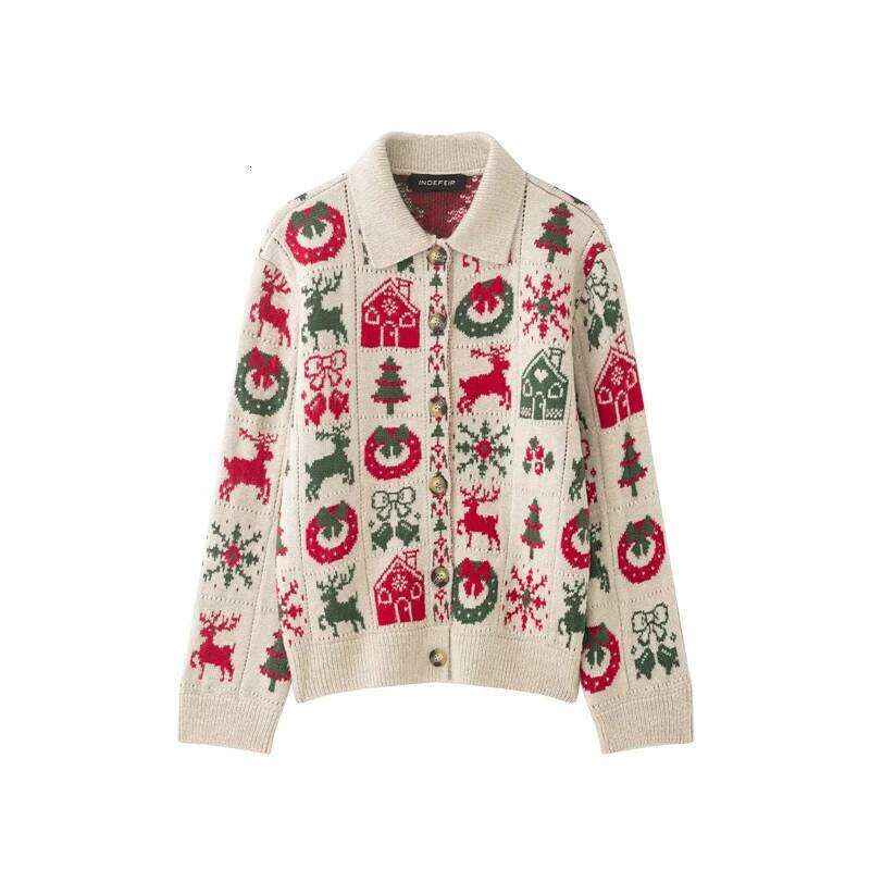 Vintage Christmas Pattern Cardigan For Women, Cute Reindeer Tree Knitted Jacket, Casual Button-Down Collared Sweater Coat