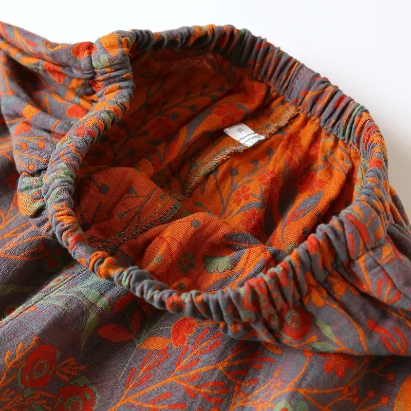 est Retro Style Cotton YarnDyed Leaf Printed LongSleeved Long Trousers Cardigan Womens Home Wear TwoPiece Pyjama Set 251231