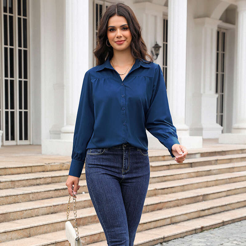 2026 Cross-Border Trade Button-Up Top Lantern Pleated Solid Color Stand Collar Loose Long Sleeve Women's Shirt