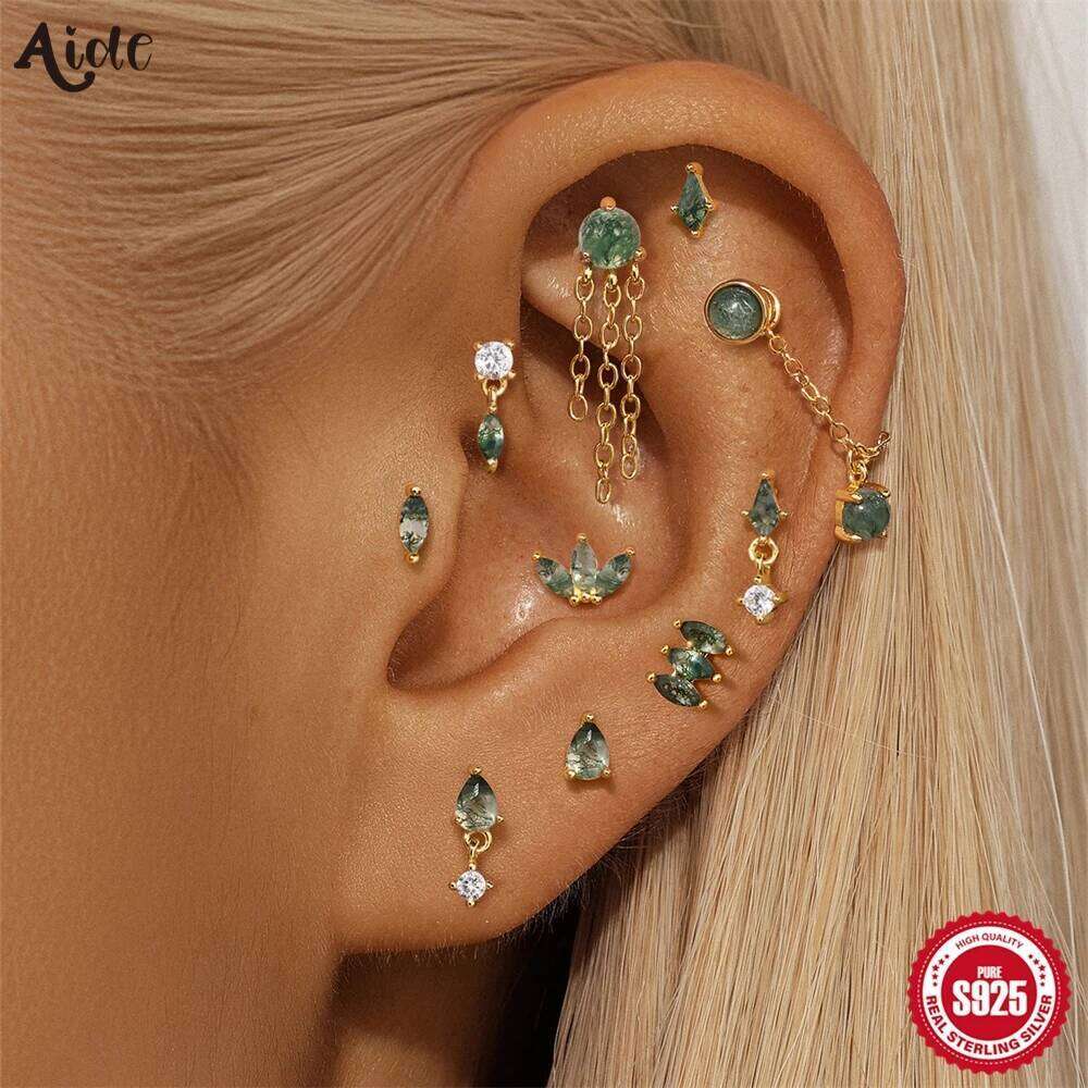 Aide 925 Sterling Silver Natural Green Agate Stud Earring Mini DIY New Design Round Daily Hypoallergenic Studs Jewelry For Women