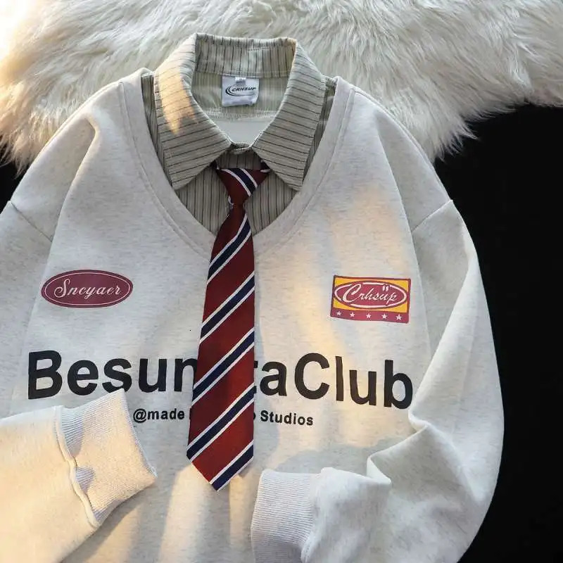 American College Style POLO Tie Two-piece Sweatshirt Mens Spring Autumn Thin Loose Korean Lazy Style Long-sleeved Jacket 251230