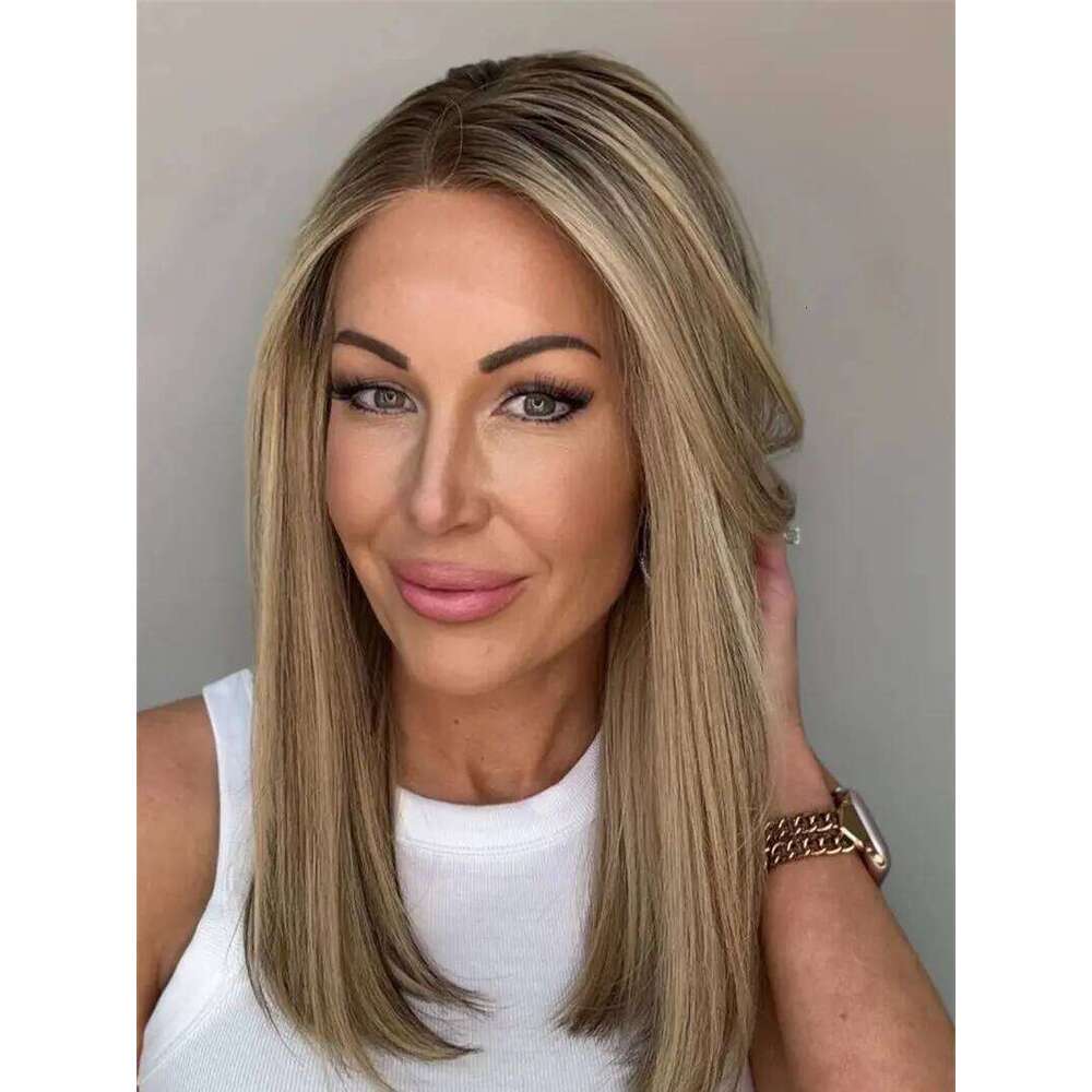 Natural Peplucked Hairline 13x4 Ombre Brown Blonde Balayage Short Straight Bob High Quality Synthetic HD Lace Front Wig 14''
