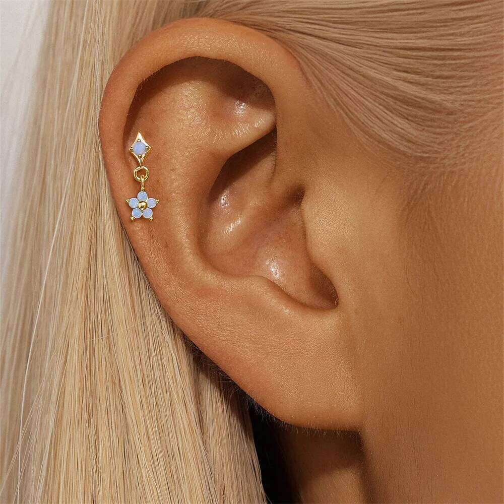 Aide 925 Sterling Silver Opal Star Moon Earring Zirconia Helix Cartilage Piercing Jewelry for Women Conch Tragus Dangle Studs