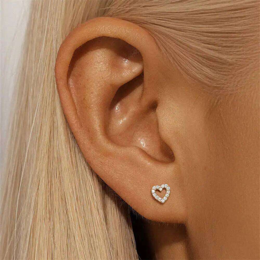 Aide 8MM Stud Earring 14k Solid Gold Bees Heart Star Puncture Earrings Simple Jewel Minimal Christmas Birthday Gift Pendientes