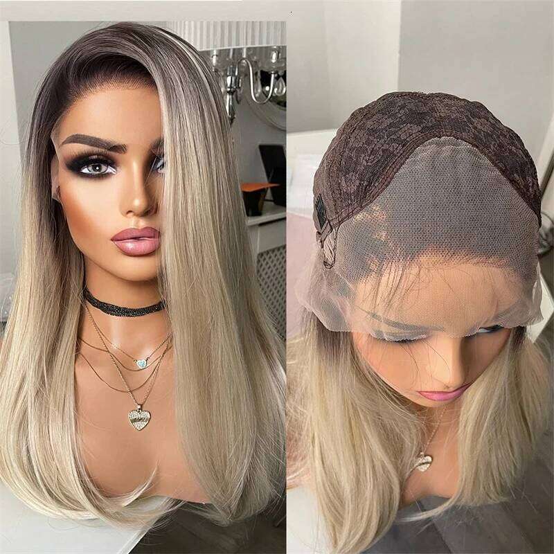 Top Quality Wigs 26 Inches Mixed Blonde Synthetic Lace Front With Dark Roots Realistic Natural Looking Wig Women Gift