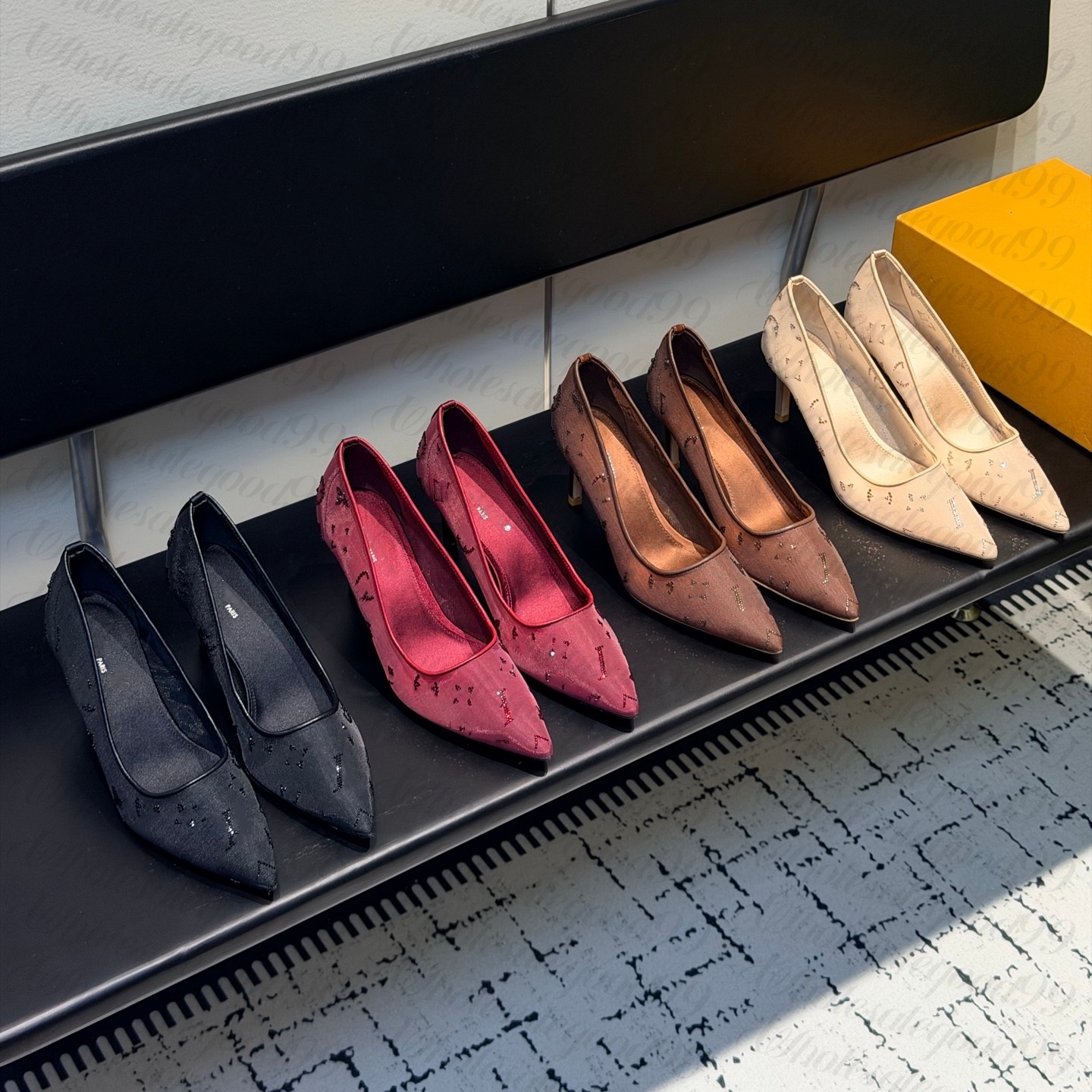 DHgate Designer High heel 6am mule heel Gala wed dress for bride Womens shoe Luxury Mesh Rhinestones sandal Slingbacks Stiletto Kitten Pumps heel Casual leather shoe