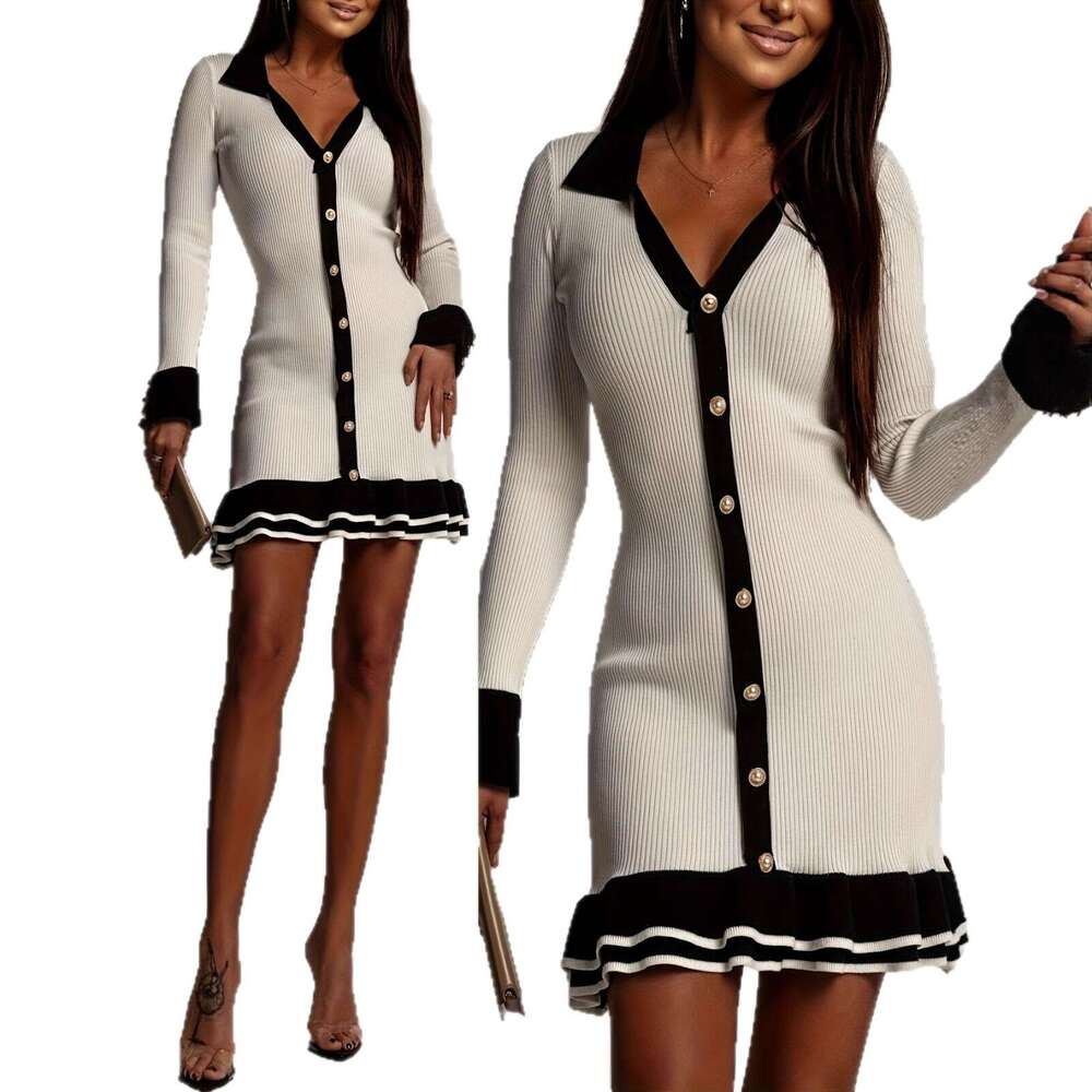 2026 European and American Autumn Winter New Elegant High Waist Long Sleeve Ruffled Knitted Dress for Women Cross-Border
