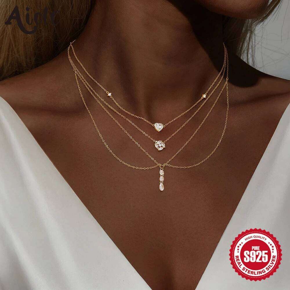 Aide 925 Sterling Silver Double Layer Zircon Necklace Geometric Shape Choker Delicate Collarbone Chain Women's Fashion Jewelry