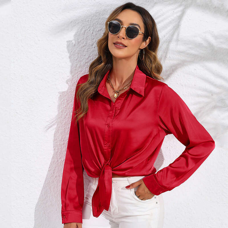 2026 Spring Autumn Hot-Selling Real Shot European and American Cross-Border Women's Solid Color Satin Long Sleeve Blouse