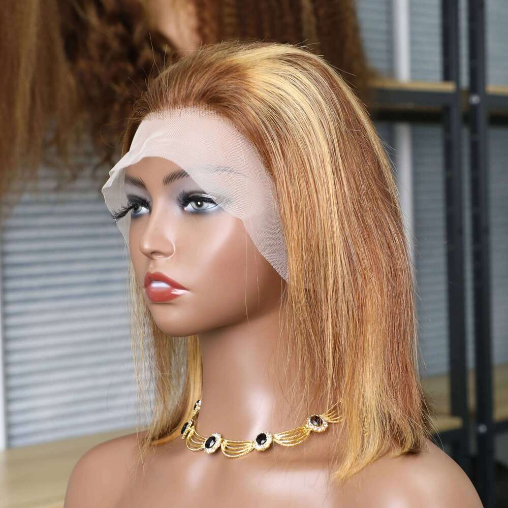 100% 13x4 Human Hair Lace Frontal Wig Brown Blonde Color Ready Wear Bob Wigs 200%Density For Women