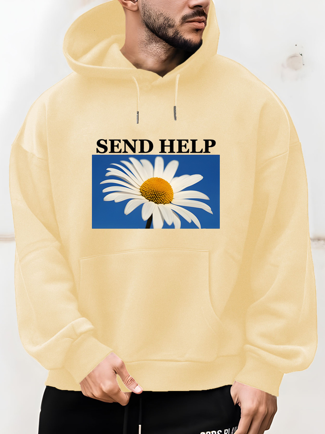 Men'S "SEND HELP" Graphic - Soft Polyester Blend, Long Sleeve Pullover with Front Pocket, Blue Daisy Print, Ideal for Fall & Winter, Ca