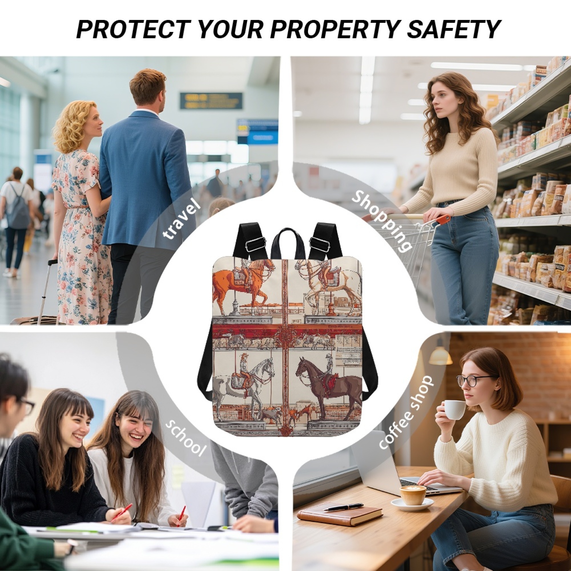 Custom H Designer Fashion Anti Theft Backpack Luxury Horse Pattern Unisex Full Print Backpack Laptop Bag Travel Bag H41