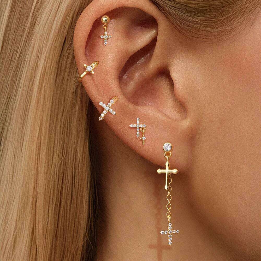 Aide 925 Sterling Silver Minimalist Jesus Cross Pendant Fashion Cubic Oxygen Zircon Wedding Party Earrings Jewelry
