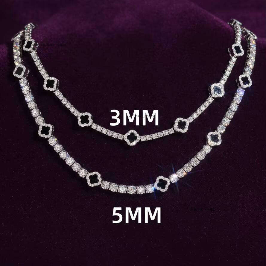 VVS Moissanite GRA 925 Sterling Silver 3mm 5mm Black Onyx Clover Tennis Chain Necklace Bracelet Fine Silicon Stone Jewelry