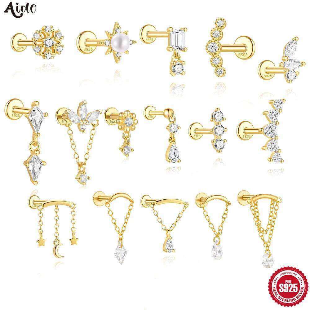 AIDE 1 Piece 925 Sterling Silver Fashion Lovely Romantic Flat Screw Stud Earring for Women Ear Bone Boday Chain Piercing Jewelry