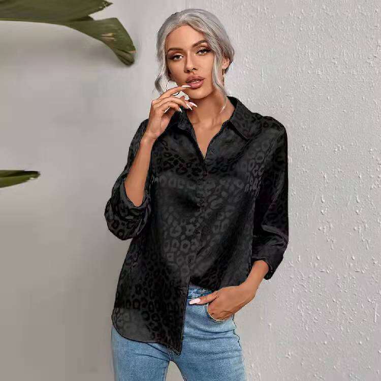 2026 European and American Cross-Border Women's Spring Summer New Turn-Down Collar Button Leopard Print Jacquard Elegant Commuter Long Sleeve Shi