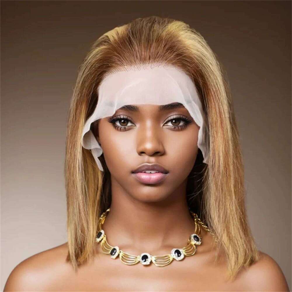 100% 13x4 Human Hair Lace Frontal Wig Brown Blonde Color Ready Wear Bob Wigs 200%Density For Women