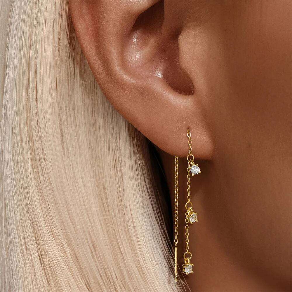 Aide 925 Sterling Silver 18K Gold Color Wire Tassel Chain Bling Zircon Pendants Earrings Hanging Female Stud Jewelry Pendientes