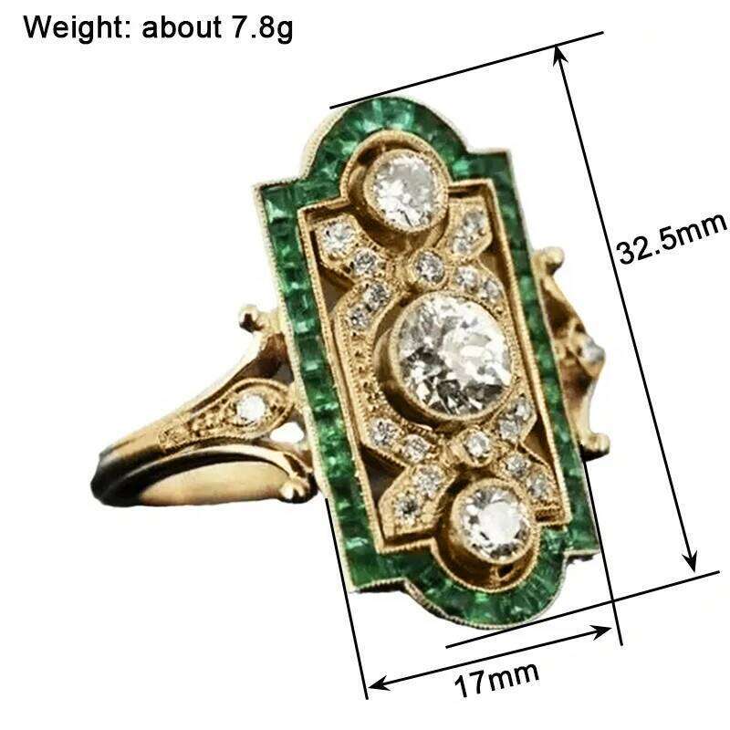 Huitan Geometric Shaped Women Rings Gold Color Green/White Cubic Zirconia Simple Elegant Lady Accessories Party Vintage Jewelry