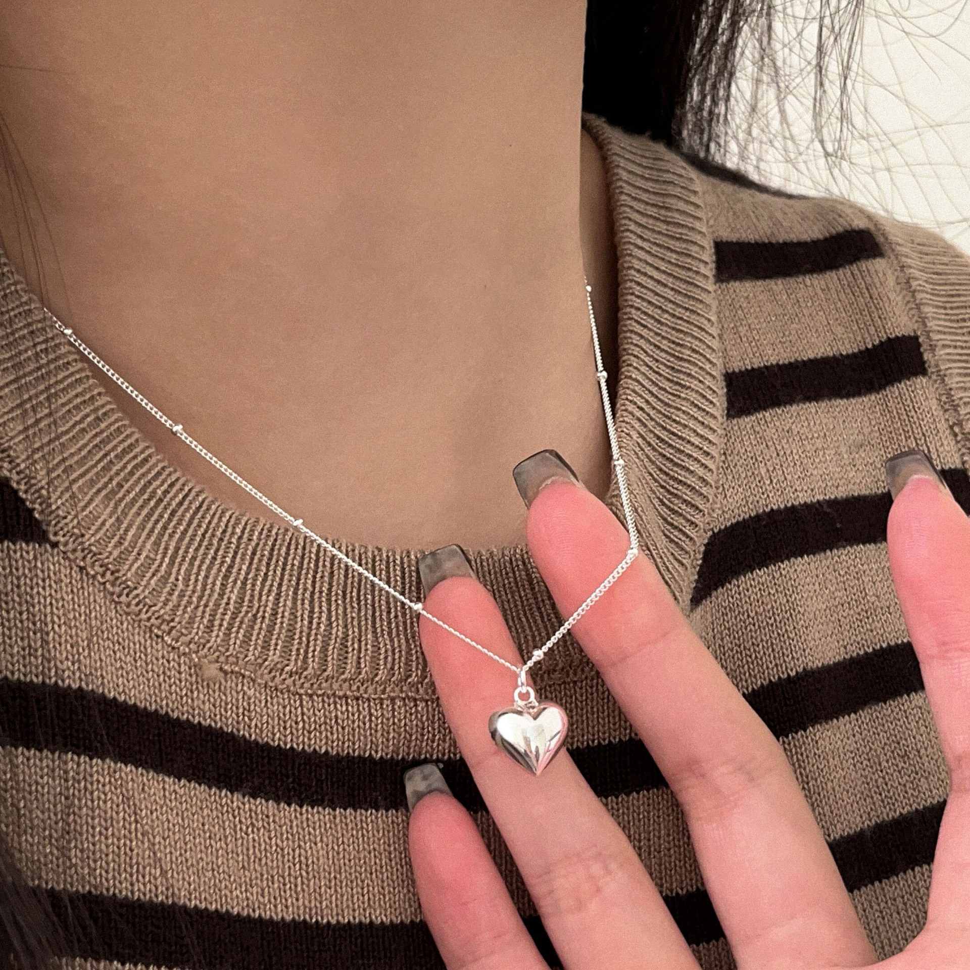 S925 Sterling Silver Necklace for Women Korean Design Heart Ins Versatile Light Luxury Non-Fading Pendant Collarbone