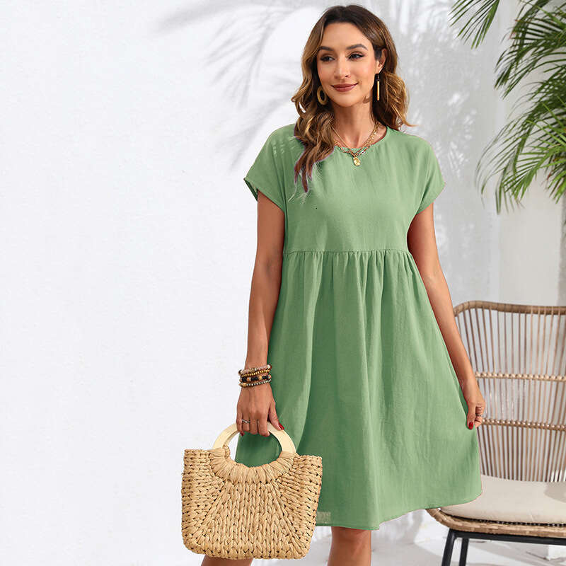 2026 Cross-Border Fashion Summer OL Style Cotton Linen Round Neck A-Line Pocket Dress