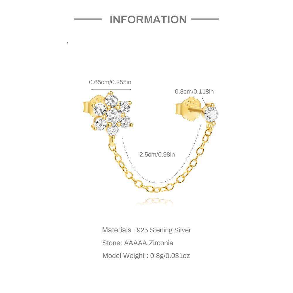 Aide 925 Sterling Silver Flower Heart Star Cubic Zircon Link Chain Double Stud Earring For Women Pendant Earrings Piercing Jewel